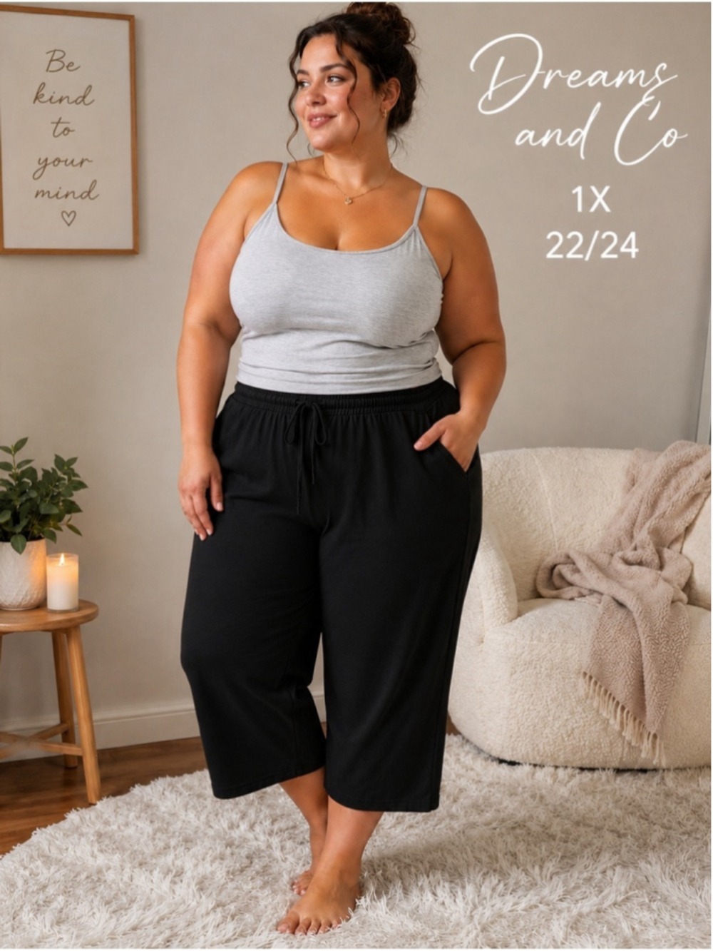 Dreams & Co 1X 22/24 Solid Black Lounge Capri Pajama Pant Plus Size